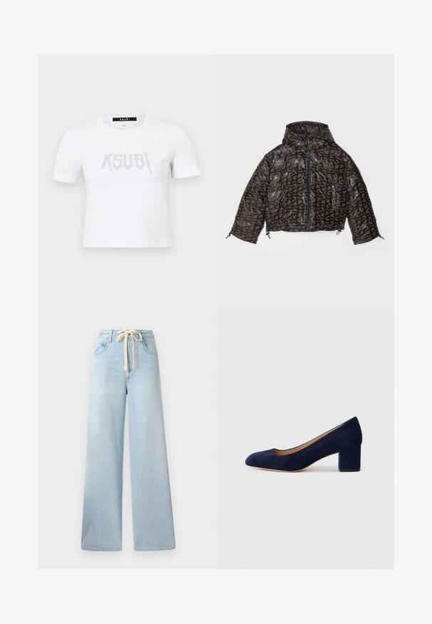 Stine Goya HOODED LONG SLEEVE PUFFER PADDED OUTERWEAR - Casaco de inverno - brown/black; T-shirt branca de manga curta feita de algodão, com um design de logótipo com tachas em prata na frente. Possui um colo redondo simples e um corte descontraído.; Jeans de perna larga em azul claro, feitos de denim, com um cós elástico e design clássico de cinco bolsos, apresentando um desbotamento mínimo.; Salgados de camurça azul-marinho com bico fino e um salto quadrado de altura média. Textura suave com um ligeiro brilho e um pequeno corte na parte da frente.