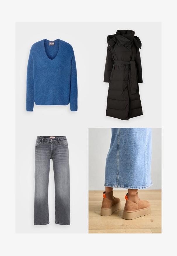 Copenhagen Muse MICCO HAT COAT - Dūnu mētelis - black; Mos Mosh THORA V-NECK - Džemperis - set sail; Pelēki džinsi ar taisnu kāju dizainu, piecu kabatu stils, viegla izbalēšana un pogas aizdare viduklī.; Brūni zamšādas platforma zābaki ar elastīgiem sānu paneļiem un oranžām cilpām, apvienoti ar līdz ceļgaliem garu gaišā denima svārku uz koka grīdas.