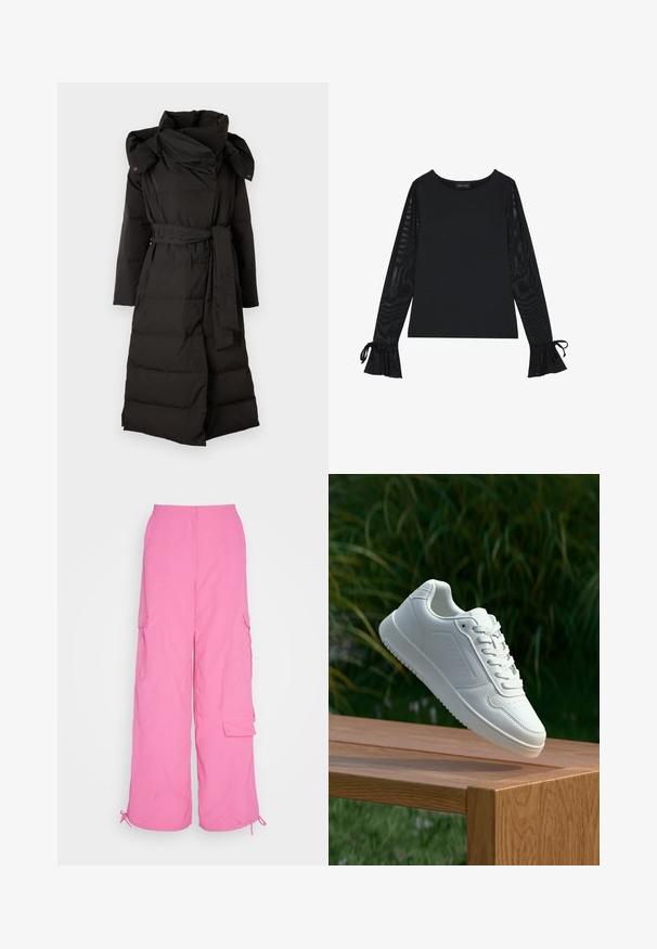 Copenhagen Muse MICCO HAT COAT - Dunkåpe / -frakk - black; Svart topp med solid kropp og gjennomsiktige, flarede ermer. Har knyteakenter ved mansjettene. Laget av glatt stoff med en tettsittende design.; Rosa cargo-bukser med vid bendesign, knaplukning, flere sidelommer og justerbare snorekanter, lavet af let materiale.; Hvite sneakers med en glatt syntetisk overdel, perforert tåboks, flate snørebånd og en teksturert såle, vist på en treflate.