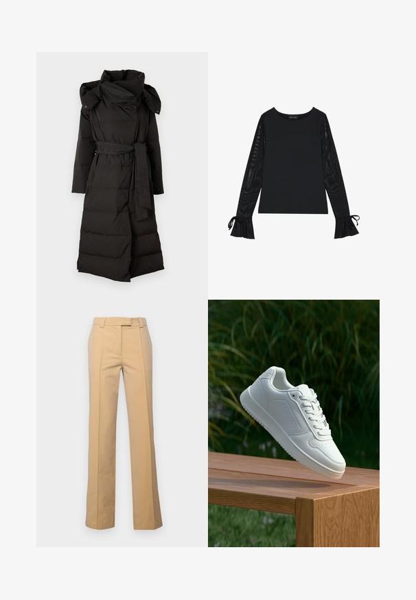 Copenhagen Muse MICCO HAT COAT - Kabát z prachového peří - black; Černý top s pevným tělem a průhlednými, rozšířenými rukávy. Obsahuje vázací detaily na manžetách. Vyrobeno z hladkého materiálu s přiléhavým střihem.; Béžové kalhoty na míru vyrobené z látky s bavlněným směsovým podílem, se střihovým středním nohavicím, s předními záhyby a bočními kapsami.; Bílé tenisky s hladkým syntetickým svrškem, perforovanou špičkou, plochými tkaničkami a texturovanou podrážkou, vystavené na dřevěném povrchu.