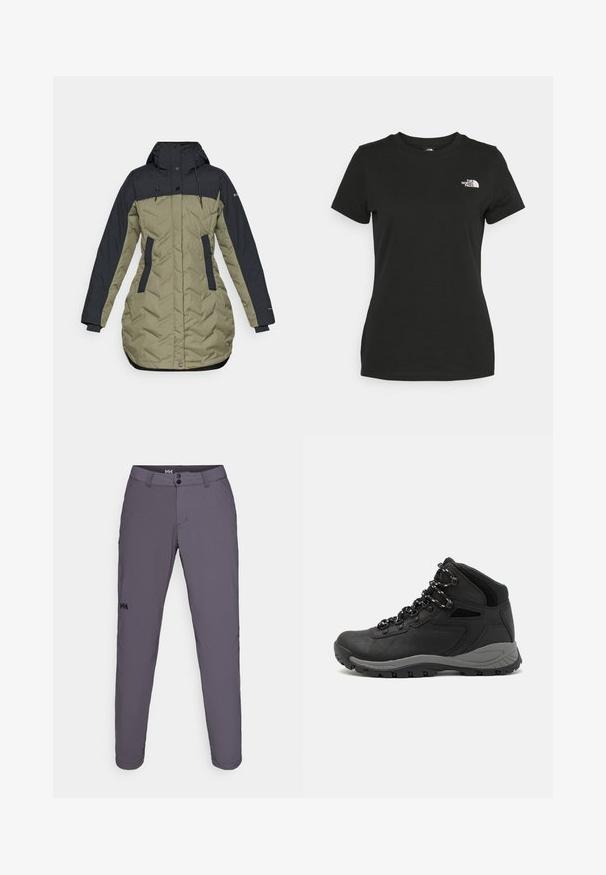 Puffatakki, jossa on tummansininen yläosa ja oliivinvihreä alaosa, vetoketjusuljenta, sivutaskut ja huppukiinnitys.; Musta puuvillahihaton t-paita, jossa on pyöreä kaula-aukko ja lyhyet hihat. Huomattava valkoinen logo vasemmassa yläkulmassa. Sujuva kangas ja rento leikkaus.; Harmaat ulkoiluhousut suoran leikkauksen omaavat, keveästä, joustavasta kankaasta valmistetut. Edessä taskut ja logo vasemmassa reisissä.; Musta vaelluskenkä, jossa on puolivartinen muotoilu, jolle on ominaista teksturoitu päällinen, harmaat yksityiskohdat ja kestävä kumipohja, jossa on pitoita lisääviä lukuja.
