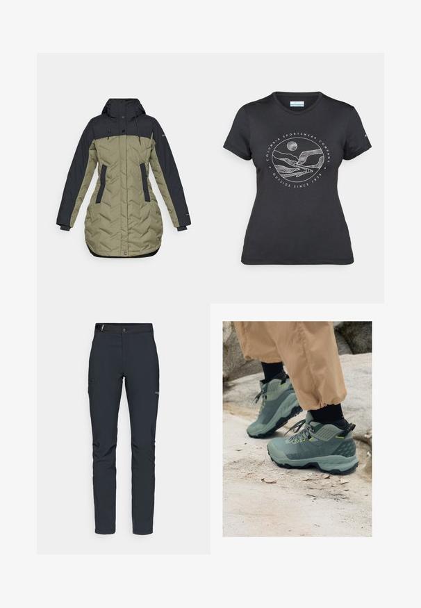 Puchowa kurtka z ciemnogranatową górą i oliwkowo-zielonym dołem, z zamkiem błyskawicznym, bocznymi kieszeniami oraz regulowanym kapturem.; Czarny t-shirt Columbia z białą okrągłą grafiką gór i rzeki oraz napisem "Columbia Sportswear Company Outside Since 1938."; Męskie spodnie outdoorowe, ciemnoszare, wykonane z elastycznego materiału, z paskiem, kieszeniami na zamek oraz wzmocnionymi szwami.; Buty outdoorowe Mammut w stonowanym zielonym kolorze z teksturowaną cholewką, żółtymi akcentami i solidną czarną podeszwą. Trwała konstrukcja do aktywności na świeżym powietrzu.