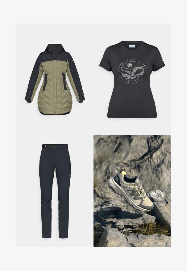 Pufi dzseki sötét tengerészkék felső résszel és olajzöld alsó résszel, cipzárral, oldalsó zsebekkel és kapucni húzózsinórral.; Fekete Columbia póló fehér, kör alakú hegy és folyó vonalrajzzal, valamint a "Columbia Sportswear Company Outside Since 1938" felirattal.; Férfi kültéri nadrág, sötétszürke, rugalmas anyagból készült, övvel, cipzáros zsebekkel és megerősített varratokkal.; Columbia terepfutó cipő világos bézs és szürke színben. Hálós felsőrész texturált részletekkel, gumi talp és fényvisszaverő elemek. Könnyű kialakítás.