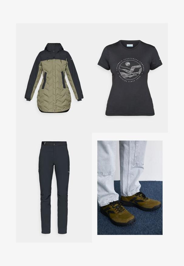 Pufi dzseki sötét tengerészkék felső résszel és olajzöld alsó résszel, cipzárral, oldalsó zsebekkel és kapucni húzózsinórral.; Fekete Columbia póló fehér, kör alakú hegy és folyó vonalrajzzal, valamint a "Columbia Sportswear Company Outside Since 1938" felirattal.; Férfi kültéri nadrág, sötétszürke, rugalmas anyagból készült, övvel, cipzáros zsebekkel és megerősített varratokkal.; Olíva zöld sportcipők fekete részletekkel, velúr és hálós anyagból, lekerekített orral és texturált talpakkal. Világosszürke farmernadrággal párosítva.