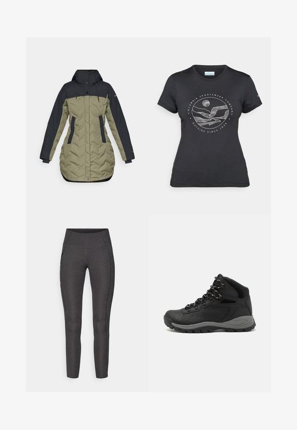 Jachetă pufoasă cu un top de culoare albastru închis și un fund de culoare verde măslin, dotată cu închidere cu fermoar, buzunare laterale și detalii cu șnur pentru glugă.; Tricou negru Columbia cu artă liniară albă circulară reprezentând munți și un râu, împreună cu textul "Columbia Sportswear Company Afară din 1938."; Leggings cu talie înaltă, de culoare gri închis, fabricate dintr-un material texturat. Dispun de un design ajustat și buzunare laterale pentru depozitare.; Botă de drumeție neagră cu un design mediu, având un material texturat, accente gri și o talpă din cauciuc durabilă cu crampoane pentru aderență.