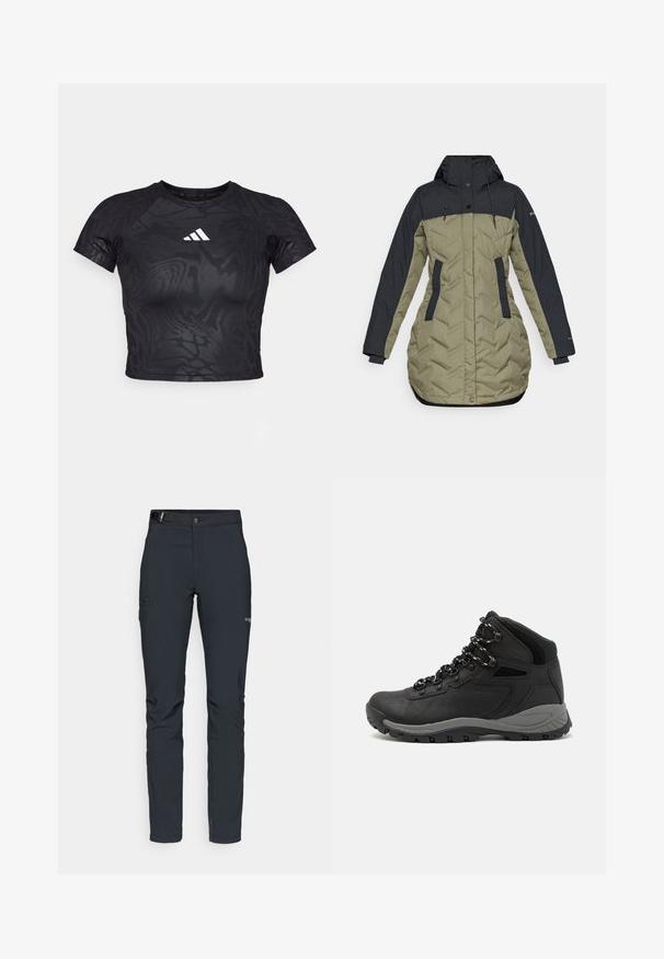 Casaco puf com um topo azul-marinho escuro e parte inferior verde-oliva, com fecho de zipper, bolsos laterais e detalhe de cordão no capuz.; T-shirt atlético preto cropped com um padrão texturizado, mangas curtas e um logótipo branco no peito. O material parece suave e flexível.; Calças de exterior para homens, cinza escuro, feitas de material flexível, com cinto, bolsos com fecho éclair e costuras reforçadas.; Bota de caminhada preta com design de cano médio, apresentando um upper texturizado, detalhes cinzentos e sola de borracha durável com cravos de tração.