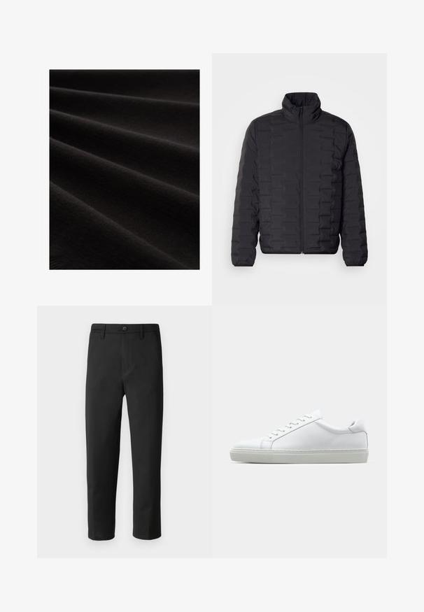 Svart pufferjakke med høy krage, med quiltet design og frontlukking med glidelås. Glatt, lett materiale som er ideelt for varme.; Svart stoff med glatt tekstur, vist i folder, som viser en subtil glans og et fint strikkemønster, som fremhever det myke utseendet.; Sorte bukser med rett snitt, laget av glatt stoff. Har knappelukking og beltehemper. Ingen synlige mønstre eller accenter.; Hvit sneakers med en glatt skinnoverdel og lav profil. Har en rund tå, seks snøring hull, og en teksturert gummisåle.
