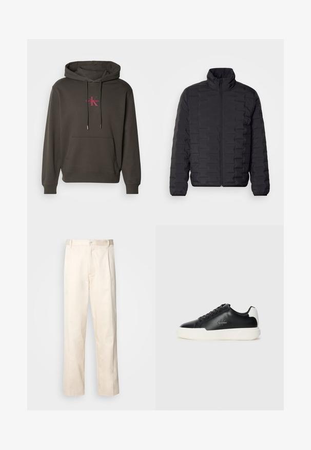 Črn pufferski plašč z visoko ovratnikom, ki ima prešito zasnovo in sprednje zadrgo. Gladek, lahek material, idealen za toploto.; Temno siva kapuca s prednjim žepom, kapuco s vezicami in Calvin Klein logom v roza barvi na prsih. Mehak bombažni material.; Bež cottone hlače s ravnim krojem, ki imajo gumbasto zapiranje in nabore spredaj za dodatne detajle.; Črne usnjene športne copate z belim gumijastim podplatom. Imajo okroglo konico, vezalko ter logotip na strani. Zadnji del je poudarjen v beli barvi.