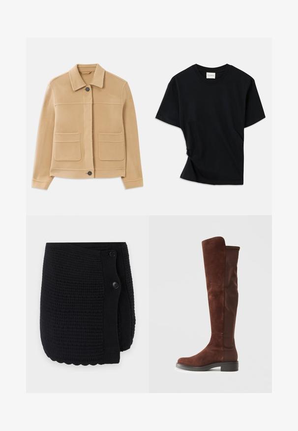 Lysebrun langærmet jakke med krave, frontlukning med knapper og to store firkantede lommer på en hvid baggrund.; Sort t-shirt lavet af blødt bomuld, med rund halsudskæring, korte ærmer og et let skrået design for en afslappet pasform.; Sort strikket omslag med et struktureret mønster, bølget kant og to store knapper til lukning. Blødt materiale med et hyggeligt design.; Høj brun ruskinds- og stofstøvle med lav sort hæl og rund tå, vist i sideprofil på en simpel hvid baggrund.