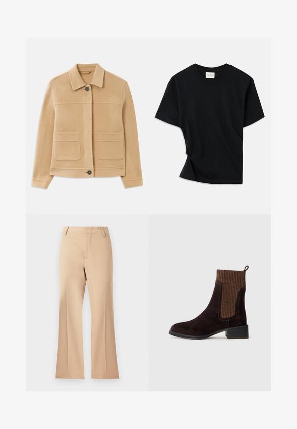 Light brown long-sleeve jacket with collar, front button closure, and two large square pockets on a white background.; Black t-shirt made of soft cotton, featuring a crew neckline, short sleeves, and a slightly twisted design for a relaxed fit.; Beige wide-leg trousers with a smooth texture, featuring a mid-rise waist and clean front pleats. Simple design, no visible embellishments.; Brown suede ankle boot with a textured brown ribbed knit upper, smooth finish, low block heel, and pull tab at the heel for ease of wear.