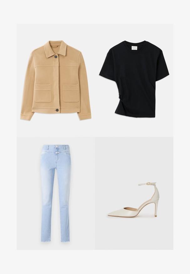 Világosbarna, hosszú ujjas kabát gallérral, elől gombos záródással és két nagy négyzet alakú zsebbel fehér háttér előtt.; Fekete póló, puha pamutból készült, kerek nyakkivágással, rövid ujjakkal és enyhén csavart kialakítással, amely lazább illeszkedést biztosít.; Világoskék farmernadrág egyenes szabással, halványított mosással, öt zsebes kialakítással, enyhe sérülésekkel az alsó szegésnél és elülső gombos záródással.; Fehér bőr, magassarkú cipő hegyes orral, bokapánttal és vékony tűs sarkal. Simaszövet, finom fényes felülettel.
