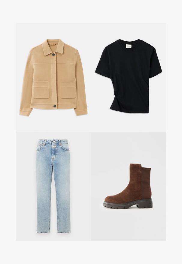 Chaqueta de manga larga marrón claro con cuello, cierre frontal de botones y dos grandes bolsillos cuadrados sobre un fondo blanco.; Camiseta negra hecha de algodón suave, con cuello redondo, mangas cortas y un diseño ligeramente retorcido para un ajuste relajado.; Jeans de mezclilla azul claro con un diseño de pierna recta, cinco bolsillos y acentos de herrajes de cobre. Presentan una textura desgastada y costuras resistentes.; Botín de ante marrón hasta el tobillo con paneles elásticos en los laterales, punta redondeada y suela de goma gruesa que presenta un patrón de relieve.