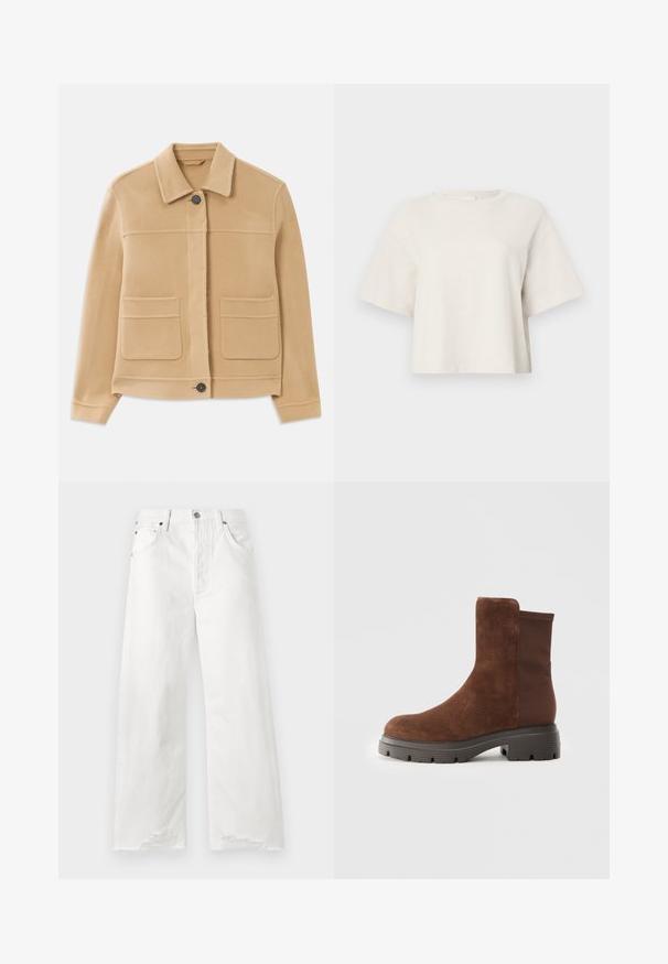 Casaco de manga longa castanho claro com colarinho, fecho frontal por botões e dois grandes bolsos quadrados sobre um fundo branco.; T-shirt cropped de cor creme, feita de tecido canelado, com decote redondo e mangas curtas, apresentando um ajuste descontraído.; Jeans brancos de perna larga feitos de denim, com uma cintura alta, bolsos frontais e detalhes de bainha desfiada.; Bota ankle em camurça castanha com painéis laterais elásticos, bico arredondado e sola em borracha espessa com um padrão de ranhura texturizado.