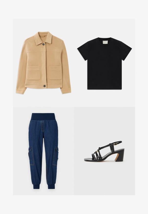 Jasnobrązowa kurtka z długim rękawem, z kołnierzem, zapinana na guziki z przodu, z dwiema dużymi kwadratowymi kieszeniami na białym tle.; Czarny t-shirt z krótkim rękawem i okrągłym dekoltem, z białą metką wewnątrz kołnierza oznaczoną "D.R.C. EST. 2002" na białym tle.; Dżinsowe spodnie jogger z szerokim elastycznym pasem, dwoma bocznymi kieszeniami cargo i ściągaczami na kostkach; ciemnoniebieski kolor z kontrastującymi szwami.; Paul Smith AMIRA czarny
