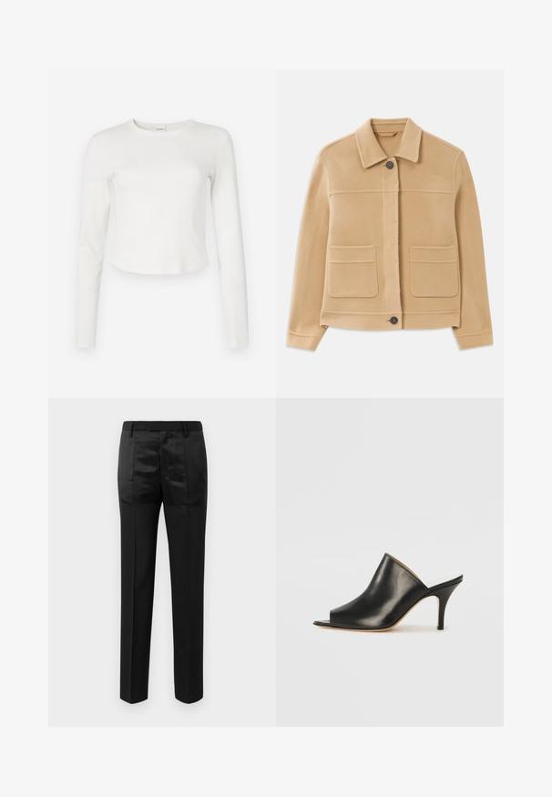 Svijetlosmeđa jakna dugih rukava s ovratnikom, prednjim kopčanjem na dugmad i dva velika kvadratna džepa na bijeloj pozadini.; Bijela dugosleeve rebrasta majica s okruglim dekolteom i skraćenim rubom. Mekana tekstura i minimalistički dizajn, s malim logotipom sa strane.; Crne krojene hlače ravnih nogavica s pojasom s petljama za remen, koje sadrže kombinaciju mat i sjajnih materijala.; Crne kožne mule otvorenih prstiju s elegantnim, zakrivljenim dizajnom, visokim štiklama i glatkom teksturom. Unutrašnjost sadrži kontrastnu svijetlu boju.