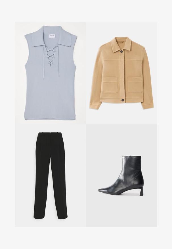 Lichtbruine lange mouwen jasje met kraag, voor sluiting met knopen en twee grote vierkante zakken op een witte achtergrond.; Filippa K LACED COLLAR - Top - ice blue; Zwarte op maat gemaakte broek met een recht model, kenmerkend door een hoge taille, plooien en een gladde stoftextuur.; Zwarte leren enkellaars met een spitse neus en een slank ontwerp. Heeft een lage hak en een ritssluiting aan de achterkant. Gladde textuur.