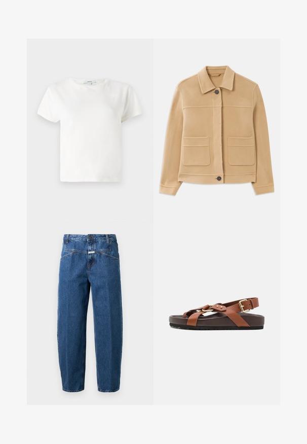 Svetlohnedá bunda s dlhým rukávom a golierom, s predným zapínaním na gombíky a dvoma veľkými štvorcovými vreckami na bielom pozadí.; Biely bavlnený tričko s krátkymi rukávmi, okrúhlym výstrihom a uvoľneným strihom. Štítok viditeľný na golieri, hladká textúra. Jednoduchý dizajn, bez vzorov.; Džínsy v tmavomodrej farbe, s voľným strihom, päť vreckami, prešitými švami a gombíkovým zapínaním v oblasti pásu.; Hnedé kožené sandále s plochou podrážkou, nastaviteľným popruhom na členku a zlatými doplnkami. Majú priečne popruhy a textúrovaný dizajn.