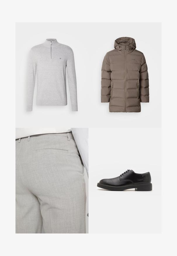 Braune gepolsterte Jacke mit Kapuze, ausgestattet mit einem Frontreißverschluss und seitlichen Taschen. Das Material wirkt glatt und hat ein gesteppte Design zur Isolierung.; Grauer Pullover mit hohem Kragen und halbem Reißverschluss. Verfügt über einen strukturierten Stoff und ein kleines Logo auf der Brust. Lange Ärmel.; Hellgraue, maßgeschneiderte Hose aus strukturiertem Stoff, mit einer einzelnen Gesäßtasche und sauberer Nahtführung.; Schwarzer Leder-Schnürschuh mit abgerundetem Zeh, glatter Textur, minimaler Naht und niedrigem Gummiabsatz. Logo auf der Ferse.