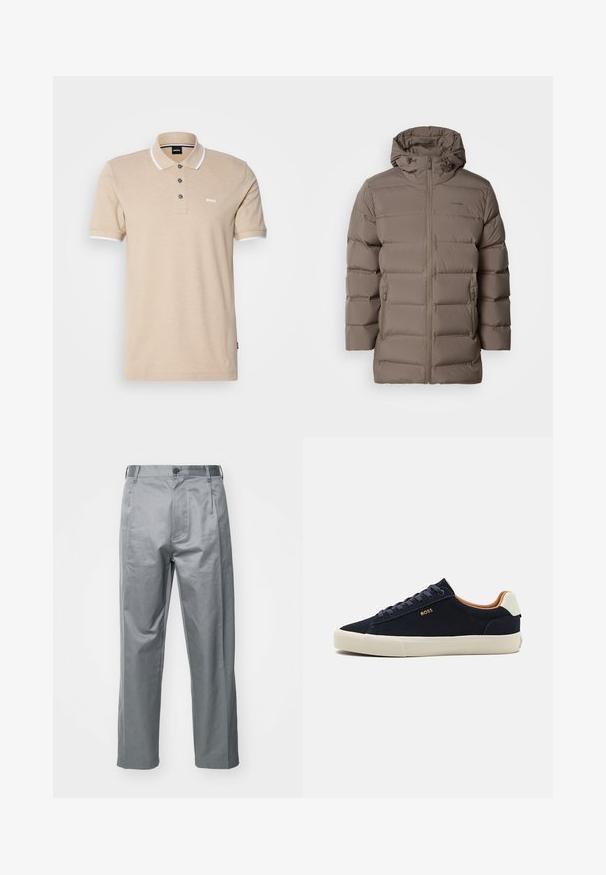 Brun fôret jakke med hette, med glidelås foran og sidelommer. Materialet ser glatt ut med et quiltet design for isolasjon.; Beige polo skjorte med korte ermer, hvit krage og ermekanter, med tre knapper og en liten logo på brystet.; Grå bomullsmiks bukser med rett ben-design, som har knappelukking foran, beltehemper og sidelommer.; Marineblå semsket lave sneakers med beige sål, kontrasterende tan inderside og logo detalje på den yderste side. Har runde snørebånd og glat tekstur.