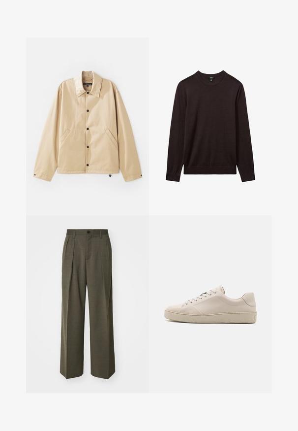 Světlé hnědé lehké sako s límcem, zapínáním na druky, bočními kapsami a hladkou texturou. Obsahuje značkovou etiketu uvnitř.; Reiss Svetr - dark bordeaux; Filippa K WIDE TROUSERS - Kalhoty - driftwood; Béžové kožené tenisky s hladkým povrchem, zaoblenou špičkou, plochou podrážkou a klasickým šněrovacím designem. Jemné prošívání a texturovaná podrážka.