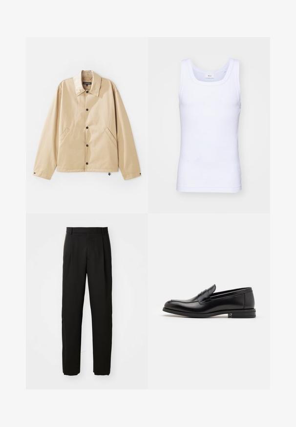 Chaqueta ligera color beige con cuello tipo solapa, cierre de botones a presión, bolsillos laterales y una textura suave. Cuenta con una etiqueta de marca en el interior.; Camiseta sin mangas de algodón blanca con escote redondo, que presenta una textura suave y una forma ajustada, diseñada para el uso casual.; Pantalones negros ajustados con un diseño de corte recto, que presentan un frente plano y una textura de tejido suave.; Mocasines de cuero negro con una textura suave, puntera redondeada y una tira decorativa en el empeine. Tacón bajo apilado, diseño minimalista.