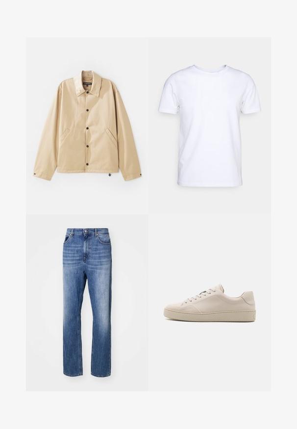 Tan lightweight jacket with a collared neck, snap-button closure, side pockets, and a smooth texture. Features a branded label inside.; White short-sleeve t-shirt in cotton fabric with a round neckline. Simple design with no patterns or accents. Smooth texture.; Blue denim jeans with a straight leg design. Features a button and zipper closure, five pockets, and a faded wash for texture.; Beige leather sneakers with a smooth finish, rounded toe, flat sole, and classic lace-up design. Subtle stitching accents and textured outsole.