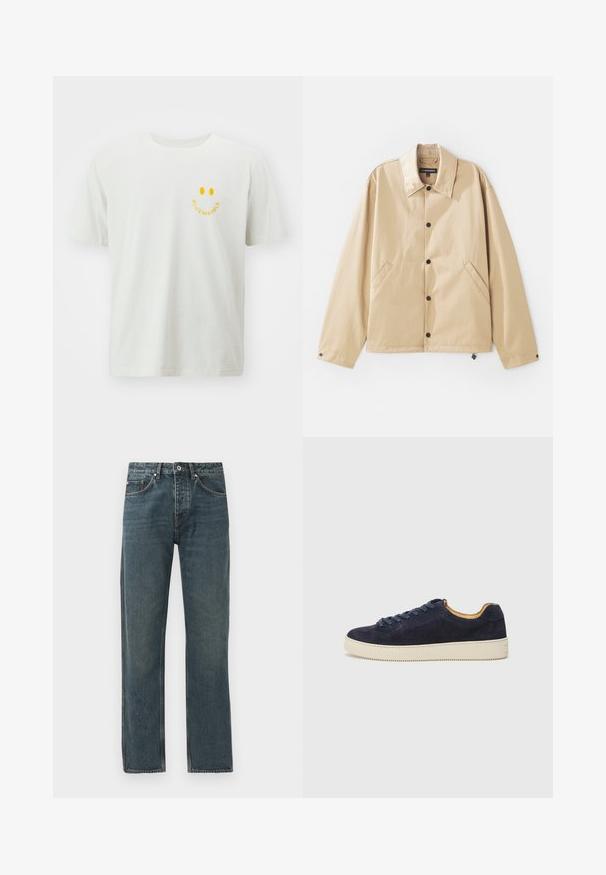 Lett, lys jakke i beige med krage, trykknapplukking, sidelommer og en glatt tekstur. Har en merkevareetikett inni.; Hvit bomull t-skjorte med en gul smilefjesgrafikk og teksten "BLUE MARBLE" under. Korte ermer og avslappet passform.; Mørkeblå denimjeans med rett ben-design, med fem lommer, knappeåpning og kontrasterende sømdetaljer.; Marineblå semsket lav sneaker med rund tå, off-white gummisåle og matchende snørebånd; har en kontrasterende tan indvendig foring.