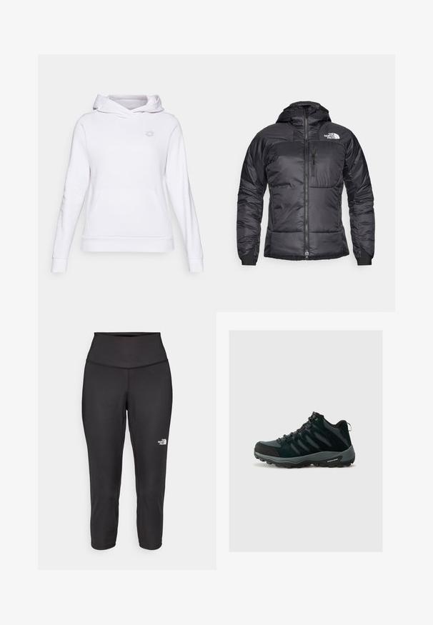 Fekete puffertanács cipzáras elejével, állítható kapucnival és mellzsebbel. Az upper bal oldalon logó található, valamint elasztikus mandzsetták.; Fehér pulóver kapucnis felső, puha anyagból készült, kenguruzsebes, bordás mandzsettákkal és aljjal, a mellrészen egy apró szürke logóval.; Fekete capri leggings, rugalmas anyagból készült, magas derékkal és egy kis fehér logóval a bal oldalon. Sima tapintású.; Columbia REDMOND - Túracipők - black/citron haze