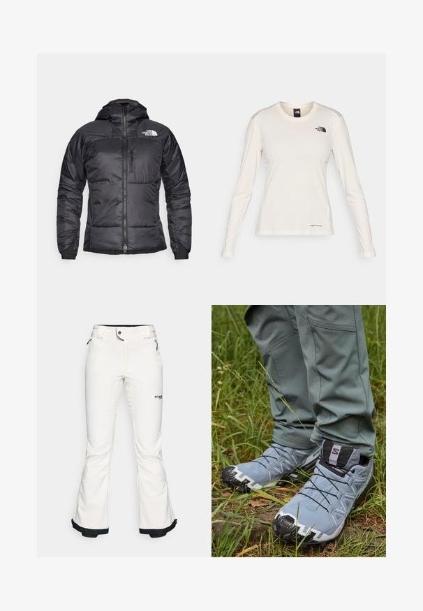 Doudoune noire avec une fermeture éclair sur le devant, capuche ajustable et poche poitrine. Elle présente un logo sur le haut à gauche et des poignets élastiques.; The North Face SHADOW LONG SLEEVE - T-shirt à manches longues - white dune; Pantalon de ski blanc en matériau doux et flexible. Présente une taille ajustée, des jambes larges évasées et une bordure noire aux poignets. Logo de la marque visible.; Baskets de trail grises avec une tige texturée, des lacets noirs et une semelle robuste, associées à un pantalon vert ajusté sur un terrain herbeux.