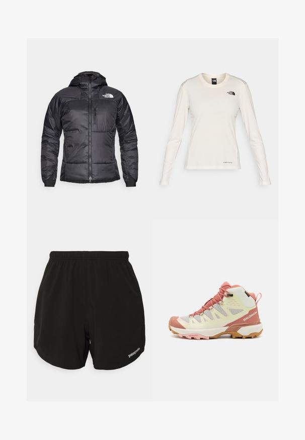 Jachetă puffer neagră cu fermoar frontal, glugă ajustabilă și un buzunar pe piept. O caracteristică este un logo pe partea stângă sus și manșete elastice.; The North Face SHADOW LONG SLEEVE - Bluză cu mânecă lungă - white dune; Șorturi atletice negre cu talie elastică, având un tiv curbat, buzunare laterale și un mic logo alb "Patagonia" în partea dreaptă inferioară.; Salomon X ULTRA 360 EDGE MID GTX - Pantofi drumeție - vanilla ice/light mahogany/white jade