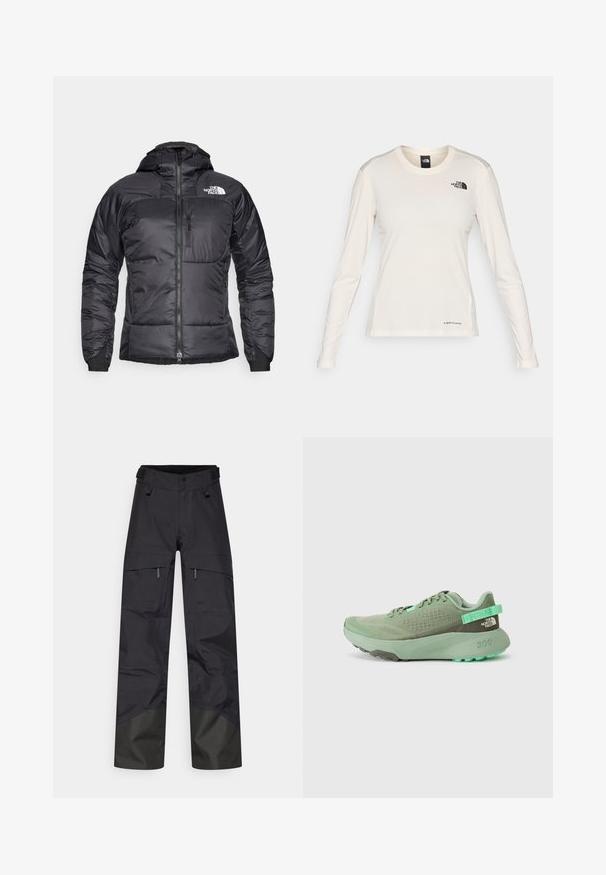Sort puffjakke med lynlås foran, justerbar hætte og brystlomme. Har et logo på den øverste venstre side og elastiske manchetter.; The North Face SHADOW LONG SLEEVE - Langærmet T-shirt - white dune; Sorte vandtætte bukser med en løs pasform, der har to forlommer, justerbar talje og en mørkere stof ved anklerne for holdbarhed.; Grønne atletiske sko med mesh-overdel, strukturerede overlays og en tyk gummisål. Har en trække-strop og logo-detalje på hælen.
