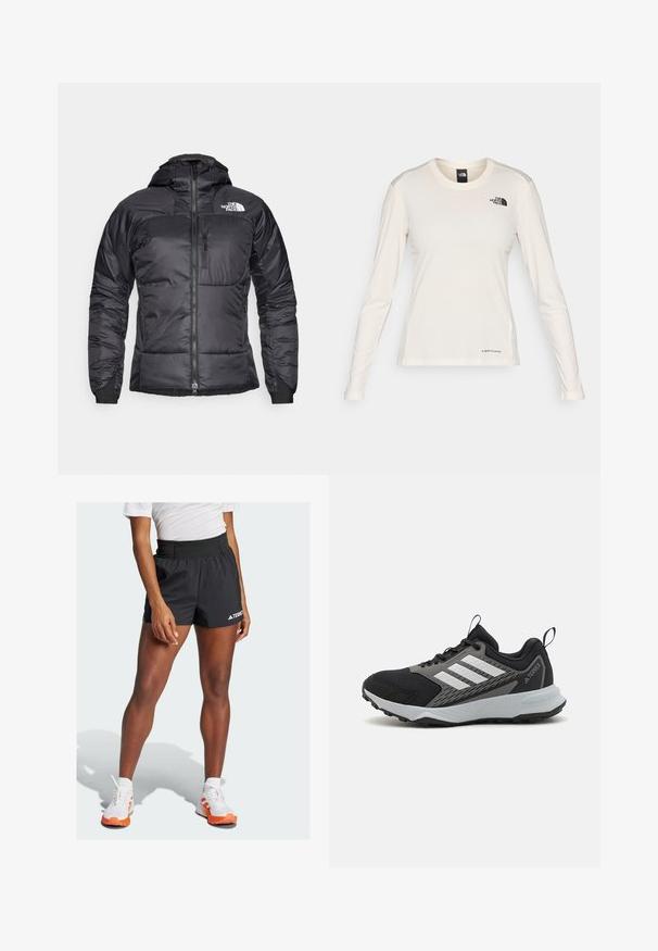 Chaqueta de plumas negra con cierre en la parte delantera, capucha ajustable y un bolsillo en el pecho. Cuenta con un logo en la parte superior izquierda y puños elásticos.; The North Face SHADOW LONG SLEEVE - Camiseta de manga larga - white dune; Shorts atléticos negros con una cintura ancha, que presentan el texto "TERREX" y un logo de Adidas. Combinados con zapatos blancos con acentos en naranja.; Zapatilla deportiva negra con acentos grises, que presenta una parte superior de malla texturizada, tres franjas blancas y una suela de goma para mayor tracción.