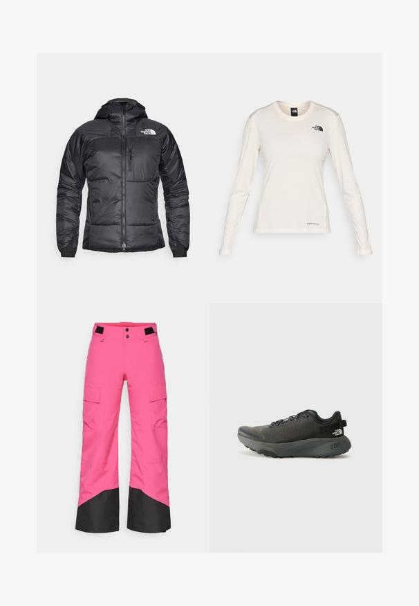Čierna pérová bunda so zipsom vpredu, nastaviteľnou kapucňou a vreckom na hrudi. Obsahuje logo na hornej ľavej strane a elastické manžety.; The North Face SHADOW LONG SLEEVE - Top s dlhým rukávom - white dune; Ružové lyžiarske nohavice s čiernou dolnou časťou, vyrobené z odolného materiálu. Majú cargo vrecká a široký strih pre pohodlie a pohyblivosť.; Tmavohnedá športová obuv s textúrovaným textilným zvrškom, plochými šnúrami, spevnenou špičkou a hrubou, robustnou podrážkou pre trakciu. Číslo 300 je embosované na päte.