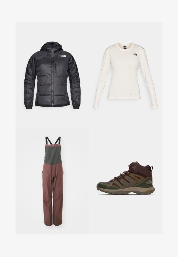 Čierna pérová bunda so zipsom vpredu, nastaviteľnou kapucňou a vreckom na hrudi. Obsahuje logo na hornej ľavej strane a elastické manžety.; The North Face SHADOW LONG SLEEVE - Top s dlhým rukávom - white dune; Patagonia SNOWDRIFTER BIBS - Lyžiarske nohavice - dulse mauve; Hnedé a zelené turistické topánky s montážou zo sieťoviny, gumovou podrážkou a podpornými prvkami. Obsahujú textúrovaný povrch a výrazný systém šnurovania.