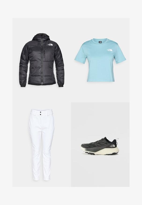 Black puffer jacket with a zippered front, adjustable hood, and a chest pocket. Features a logo on the upper left and elastic cuffs.; Light blue cotton T-shirt with short sleeves and a crew neckline. Features a small white logo on the chest and a relaxed fit design.; White tailored trousers with a slim fit, featuring a smooth texture, two black buttons at the waistband, and a cropped length.; Black athletic shoe with a textured upper, featuring gray accents and a white midsole. Includes a pull tab and prominent brand logo on the heel.