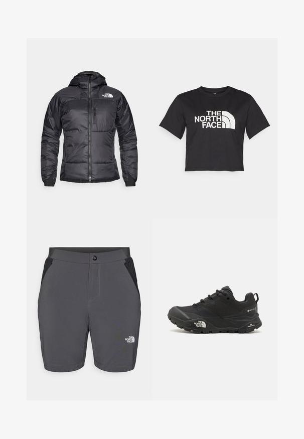 Svart pufferjacka med dragkedja fram, justerbar huva och bröstficka. Har en logotyp på övre vänster sida och elastiska manschetter.; Svart kortärmad t-shirt i bomull, med en vit logotyp med böjda accenter och texten "THE NORTH FACE" framtill. Kort ärm, rundad hals.; Grå shorts av lättviktsmaterial, med sidfickor, slät textur och en liten vit logga på vänster ben.; Svart vandringsskor med en texturerad övre del, snörning och en kraftig gummisula som har en framträdande logotyp på sidan och mönster i sulan.