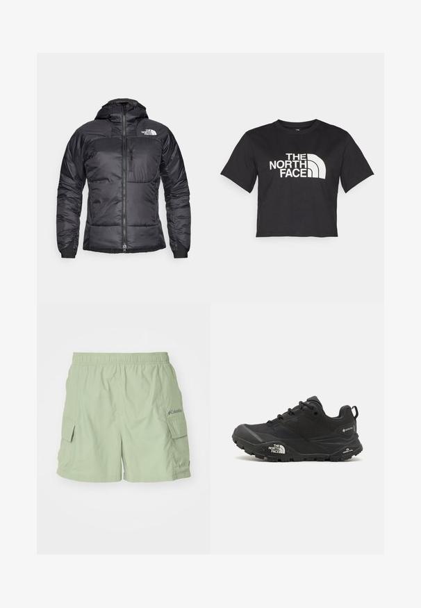 Svart pufferjakke med glidelås foran, justerbar hette og en brystlomme. Har en logo øverst til venstre og elastiske mansjetter.; Svart avkortet t-skjorte laget av bomull, med et hvitt logo med buede detaljer og teksten "THE NORTH FACE" på forsiden. Korte ermer, rund hals.; Lysegrøn cargo-shorts med elastisk talje, sidelommer og et lille Columbia-logo på højre side. Letvægtsstof.; Svart tursko med teksturert overdel, snøring og en kraftig gummisåle som har et fremtredende logo på siden og mønster i sålen.