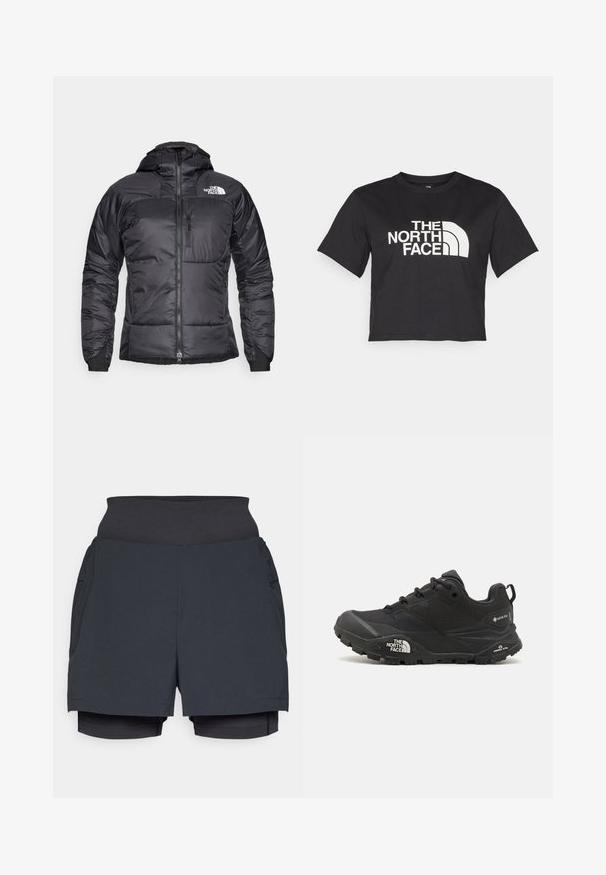 Melnas pūkainās jakas ar rāvējslēdzēja priekšpusi, regulējamu kapuci un krūšu kabatu. Iespējas ietver logo augšējā kreisajā stūrī un elastīgus piedurknes.; Melnā īsā t-kreklā no kokvilnas, ar baltu logo un izliektiem akcentiem, uz kura ir uzraksts "THE NORTH FACE" priekšpusē. Īsas piedurknes, apaļa izgriezuma kakla daļa.; Melnas sporta šorti ar platām jostām, kas izceļas ar slāņainu dizainu un iekšējiem šortiem. Gluda tekstūra un viegls audums.; Melnas pārgājienu kurpes ar teksturētu augšdaļu, sašņorējumu un masīvu gumijas zoli, kurai ir izteikts logotips sānos un protektora raksti.