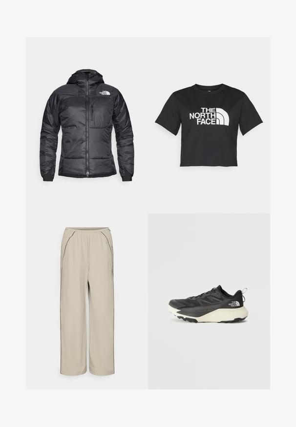 Czarna kurtka puchowa z zamkiem błyskawicznym z przodu, regulowanym kapturem oraz kieszenią na piersi. Posiada logo na górnej lewej stronie oraz elastyczne mankiety.; Czarny krótki t-shirt wykonany z bawełny, z białym logo z zaokrąglonymi akcentami i napisem "THE NORTH FACE" z przodu. Krótkie rękawy, okrągły dekolt.; Beżowe, lekkie spodnie z elastycznym pasem, kieszeniami bocznymi i kontrastowymi czarnymi szwami. Prosty krój, gładka tekstura.; Czarne sportowe buty z teksturowaną cholewką, z szarymi akcentami i białą podeszwą środkową. Zawierają pętelkę do zakładania oraz wyraźne logo marki na pięcie.