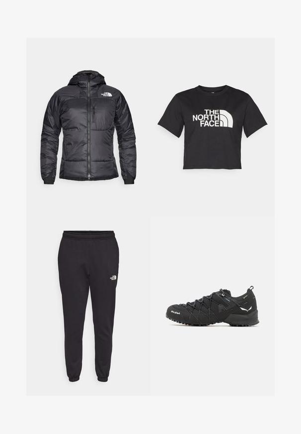 Zwarte pufferjack met een gesp with front, verstelbare capuchon en een borstzak. Voorzien van een logo aan de bovenlinkerzijde en elastische manchetten.; Zwarte cropped t-shirt gemaakt van katoen, met een wit logo met gebogen accenten en de tekst "THE NORTH FACE" op de voorkant. Korte mouwen, ronde hals.; Zwarte joggingbroek gemaakt van een zachte katoenmix. Voorzien van een elastische tailleband, een taps toelopend ontwerp en een klein wit logo aan de onderkant aan de rechterzijde.; Zwarte wandelschoenen met een bovenkant van textuurstof, een vetersysteem en een robuuste rubberen zool. Verfraaid met reflecterende details en logo's.