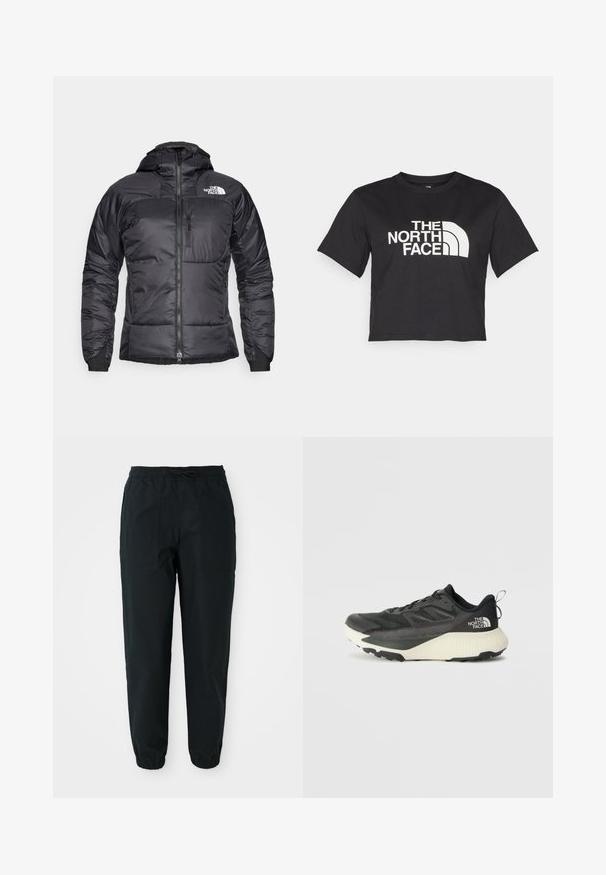 Casaco puffer preto com fecho éclair à frente, capuz ajustável e um bolso no peito. Apresenta um logótipo no canto superior esquerdo e punhos elásticos.; T-shirt cropped preta feita de algodão, com um logotipo branco com acentos curvos e o texto "THE NORTH FACE" na parte da frente. Mangas curtas, gola redonda.; Calças pretas ajustadas, feitas de um tecido suave, com uma cintura elástica, cordão e bolsos laterais. Punhos elásticos nos tornozelos.; Shoe atlético preto com um cabedal texturizado, apresentando detalhes em cinza e uma entressola branca. Inclui uma alça e um logótipo da marca em destaque no calcanhar.
