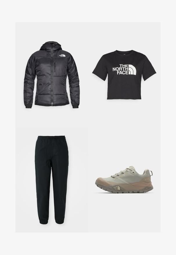 Crna puf jakna s patentnim zatvaračem sprijeda, podesivom kapuljačom i džepom na prsima. Sadrži logo na gornjoj lijevoj strani i elastične manžete.; Crni kratki majica od pamuka s bijelim logotipom s zakrivljenim naglasima i tekstom "THE NORTH FACE" sprijeda. Kratki rukavi, okrugli ovratnik.; Crne tapered hlače izrađene od glatkog materijala, s elastičnim pojasom, vezicom i bočnim džepovima. Elastične manžetne na gležnjevima.; Svijetlosiva atletska cipela s bež naglascima, izrađena od sintetičkog materijala. Ima robustan potplat, dizajn na vezanje i branding sa strane.
