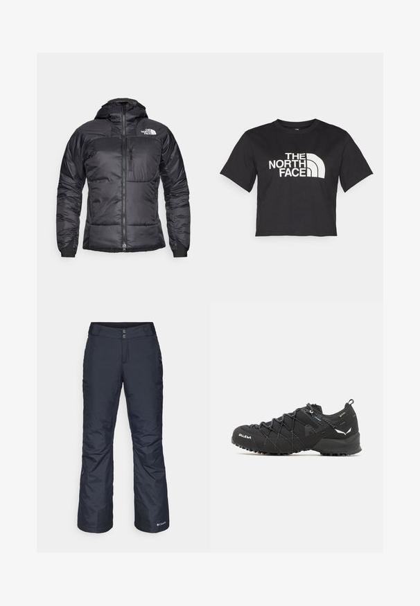 Casaco puffer preto com fecho éclair à frente, capuz ajustável e um bolso no peito. Apresenta um logótipo no canto superior esquerdo e punhos elásticos.; T-shirt cropped preta feita de algodão, com um logotipo branco com acentos curvos e o texto "THE NORTH FACE" na parte da frente. Mangas curtas, gola redonda.; Calças de esqui isoladas em azul marinho com um design de perna reta. Apresenta um fecho de correr e botão, bolsos e punhos reforçados.; Botas de caminhada pretas com parte superior em tecido texturizado, sistema de atacadores e sola de borracha robusta. Apresentam detalhes refletivos e logótipos.