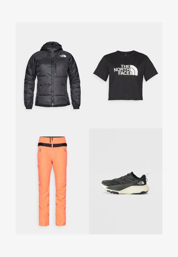 Black puffer jacket with a zippered front, adjustable hood, and a chest pocket. Features a logo on the upper left and elastic cuffs.; Black cropped t-shirt made of cotton, featuring a white logo with curved accents and text "THE NORTH FACE" on the front. Short sleeves, crew neck.; Bright orange ski pants with a high waist, black accents, functional zipper, and two side pockets, made of water-resistant material.; Black athletic shoe with a textured upper, featuring gray accents and a white midsole. Includes a pull tab and prominent brand logo on the heel.