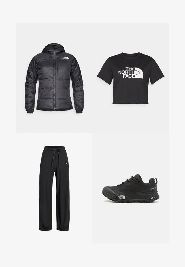 Schwarze Puffjacke mit durchgehendem Reißverschluss, verstellbarem Kapuze und einer Brusttasche. Mit einem Logo auf der oberen linken Seite und elastischen Bündchen.; Schwarzes, tailliertes T-Shirt aus Baumwolle mit einem weißen Logo mit geschwungenen Akzenten und dem Text "THE NORTH FACE" auf der Vorderseite. Kurze Ärmel, Rundhalsausschnitt.; Schwarze, gerippte, weite Hosen mit einem elastischen Bund und einem Kordelzug, versehen mit einem kleinen Logo-Detail auf der Vorderseite. Glatte Textur.; Schwarzer Wanderschuh mit einer strukturierten Oberfläche, Schnürverschluss und einer massiven Gummisohle, die auf der Seite ein ausgeprägtes Logo sowie Profilmuster zeigt.