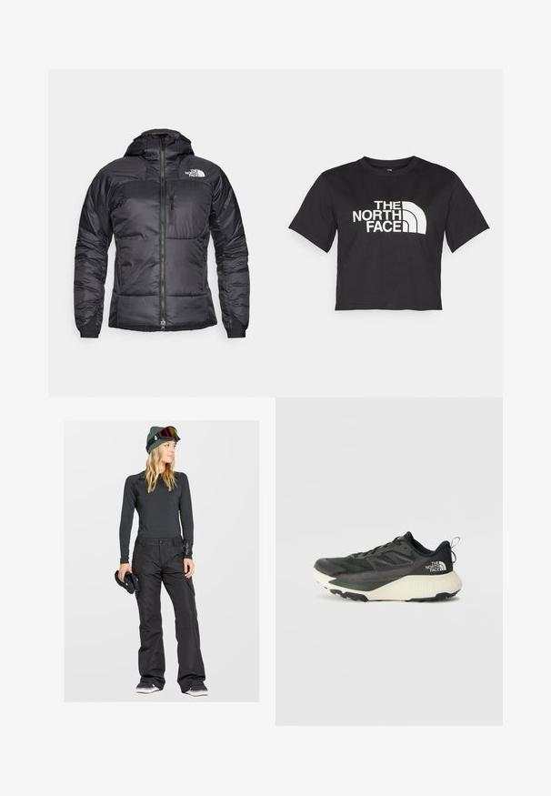 Doudoune noire avec une fermeture éclair sur le devant, capuche ajustable et poche poitrine. Elle présente un logo sur le haut à gauche et des poignets élastiques.; T-shirt noir court en coton, avec un logo blanc avec des accents courbés et le texte "THE NORTH FACE" sur le devant. Manches courtes, col rond.; Haut thermique noir à manches longues associé à un pantalon de neige noir. La tenue comprend un bonnet vert et des lunettes de ski, soulignant la fonctionnalité.; Chaussure de sport noire avec une tige texturée, dotée d'accents gris et d'une semelle intermédiaire blanche. Comprend une languette et un logo de marque bien visible à l'arrière.