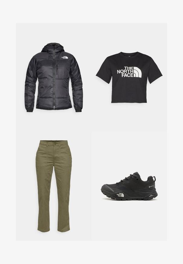Crna puf jakna s patentnim zatvaračem sprijeda, podesivom kapuljačom i džepom na prsima. Sadrži logo na gornjoj lijevoj strani i elastične manžete.; Crni kratki majica od pamuka s bijelim logotipom s zakrivljenim naglasima i tekstom "THE NORTH FACE" sprijeda. Kratki rukavi, okrugli ovratnik.; Maslinasto zelene pamučne hlače ravnog kroja, s prednjim kopčanjem na dugme, dva bočna džepa i ojačanim šavovima.; Crne planinarske cipele s teksturiranim gornjim dijelom, zatvaranjem na vezivanje i debelim gumenim potplatom koji sadrži istaknuti logo na strani i uzorke na gaznom sloju.