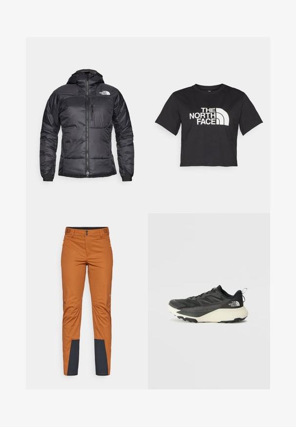 Melnas pūkainās jakas ar rāvējslēdzēja priekšpusi, regulējamu kapuci un krūšu kabatu. Iespējas ietver logo augšējā kreisajā stūrī un elastīgus piedurknes.; Melnā īsā t-kreklā no kokvilnas, ar baltu logo un izliektiem akcentiem, uz kura ir uzraksts "THE NORTH FACE" priekšpusē. Īsas piedurknes, apaļa izgriezuma kakla daļa.; Oranžās āra bikses ar taisnu griezumu, ar tumši zilu akcentu apakšējās kājās, divām priekšējām kabatām ar rāvējslēdzējiem un pogu aizdari.; Melna sporta kurpe ar teksturētu augšdaļu, kurai ir pelēki akcenti un balts vidusdaļa. Ietver vilkšanas cilpu un izteiktu zīmola logo uz papēža.