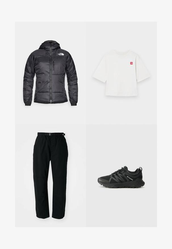 Must elasthülsi jakk, millel on lukuga esiosa, reguleeritav kapuuts ja rinnatasku. Esitletud on logo vasakul ülal ja elastsed mansetid.; Valge lühikeste varrukate ja puuvillane T-särk. Vasakul rinnapiirkonnas on väike punane ruuduline logo. Sirge lõige. Pehme tekstuur.; Mustad mustad püksid elastse vöökoha ja reguleeritava vöömisega. Omavad kitsenevaid jalgu ja tugevdatud põlvepaneele vastupidavuse tagamiseks.; Columbia PEAKFREAK - Matkajalatsid - black