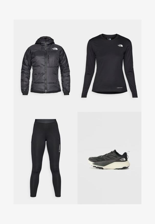 Jachetă puffer neagră cu fermoar frontal, glugă ajustabilă și un buzunar pe piept. O caracteristică este un logo pe partea stângă sus și manșete elastice.; The North Face SHADOW LONG SLEEVE - Bluză cu mânecă lungă - black; Leggings sportivi negri cu un design ajustat, fabricate dintr-un material elastic. Prezintă buzunare laterale și un logo alb "TERREX".; Pantofii sport negri cu un superior texturat, având accente gri și o talpă intermediară albă. Include un sistem de prindere și un logo de marcă proeminent pe călcâi.